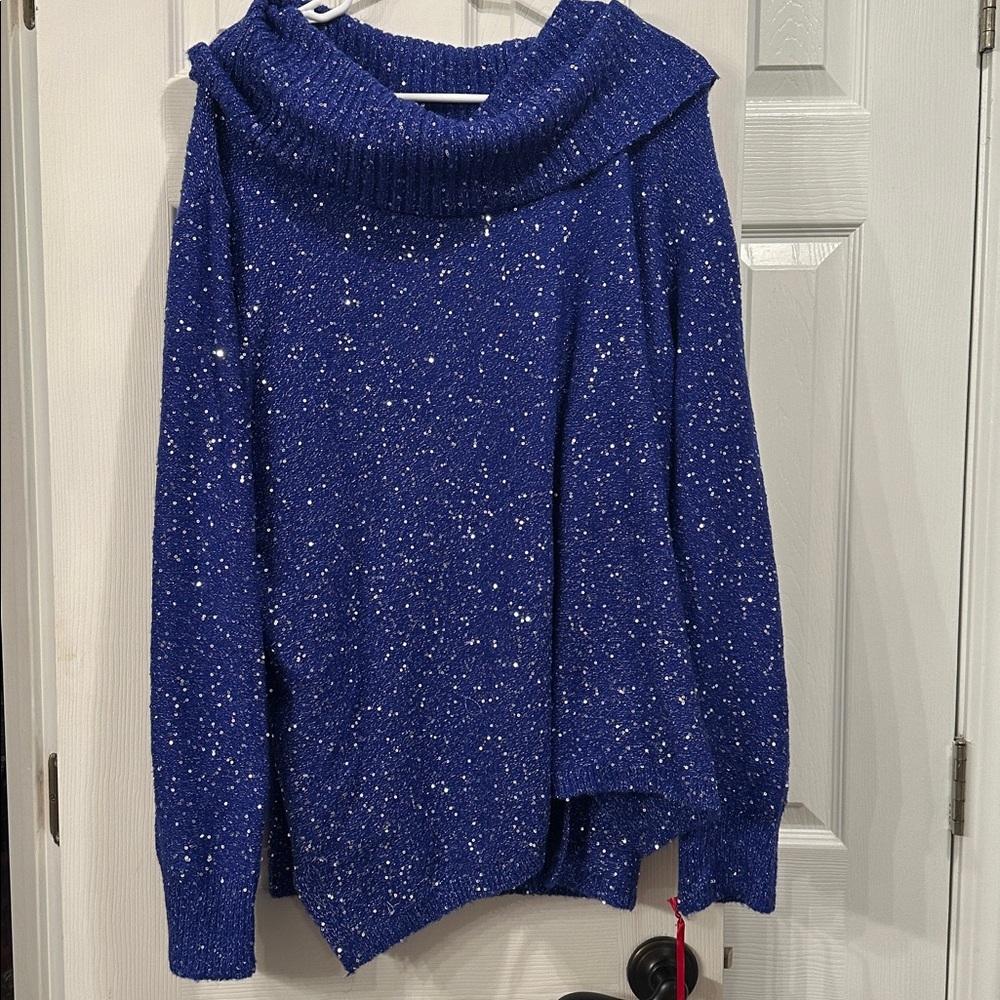 Ruby Rd. Cowl neck Sequin Knit Top in Royal Blue